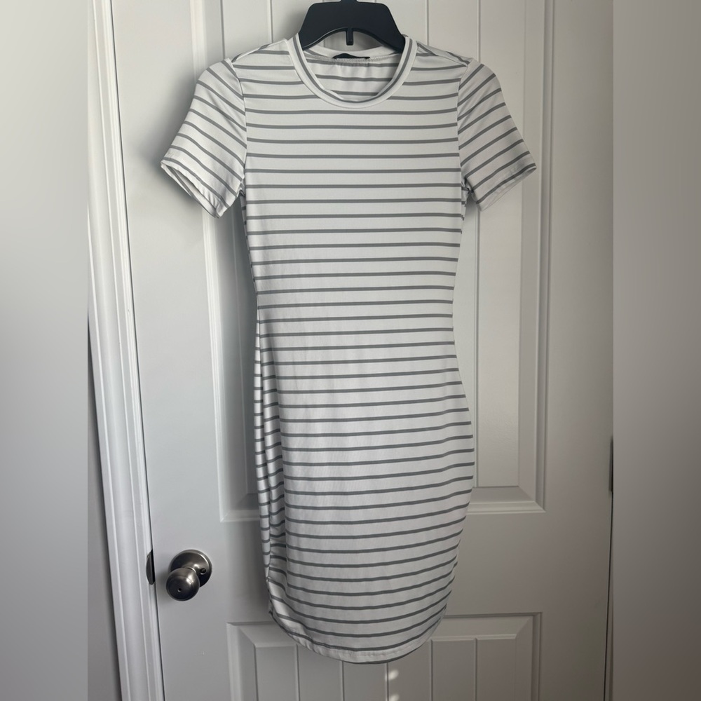 SHEIN White and Gray Striped Midi Dress